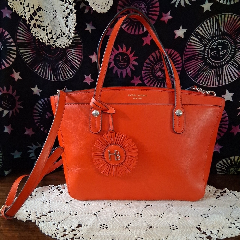 Henri Bendel Shoulder Bag Leather Sunburst Orange Red Satchel Handbag  Strap - Picture 3 of 17